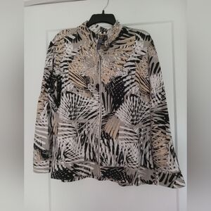 Additions By Chicos Zip Front Jacket Gold Sparkle Black Tan White Tropical Print